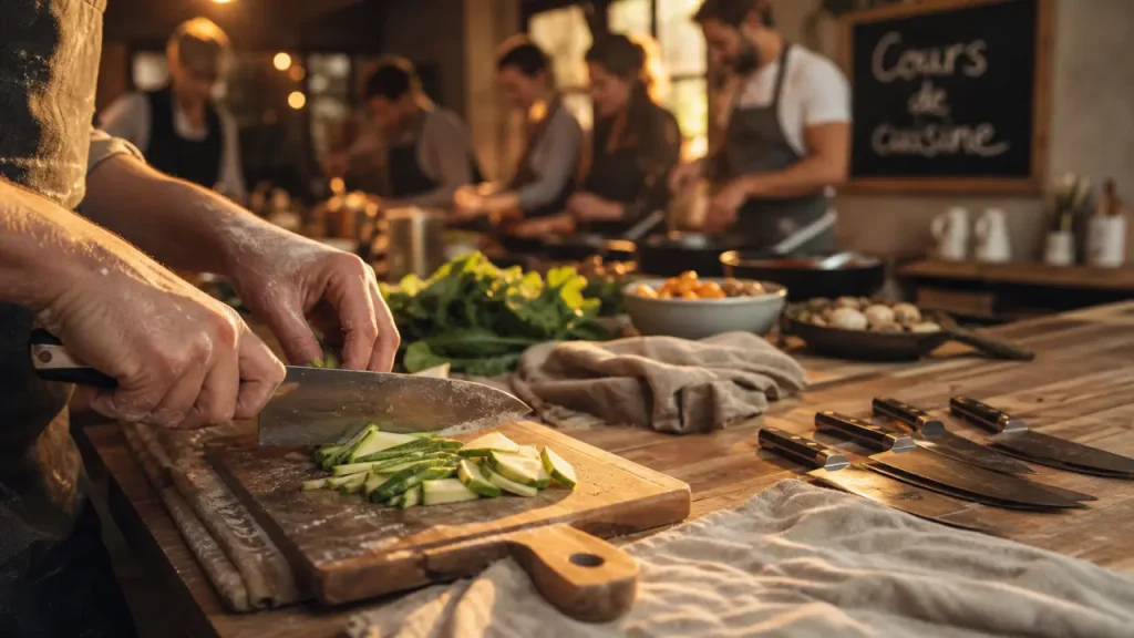 Cours de cuisine Bordeaux en famille, atelier sur table en bois