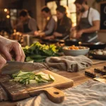 Cours de cuisine Bordeaux en famille, atelier sur table en bois