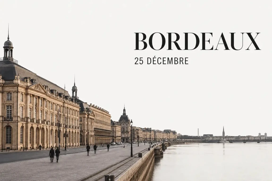 Que faire à Bordeaux le 25 décembre : vue du centre historique et des quais de la Garonne en hiver