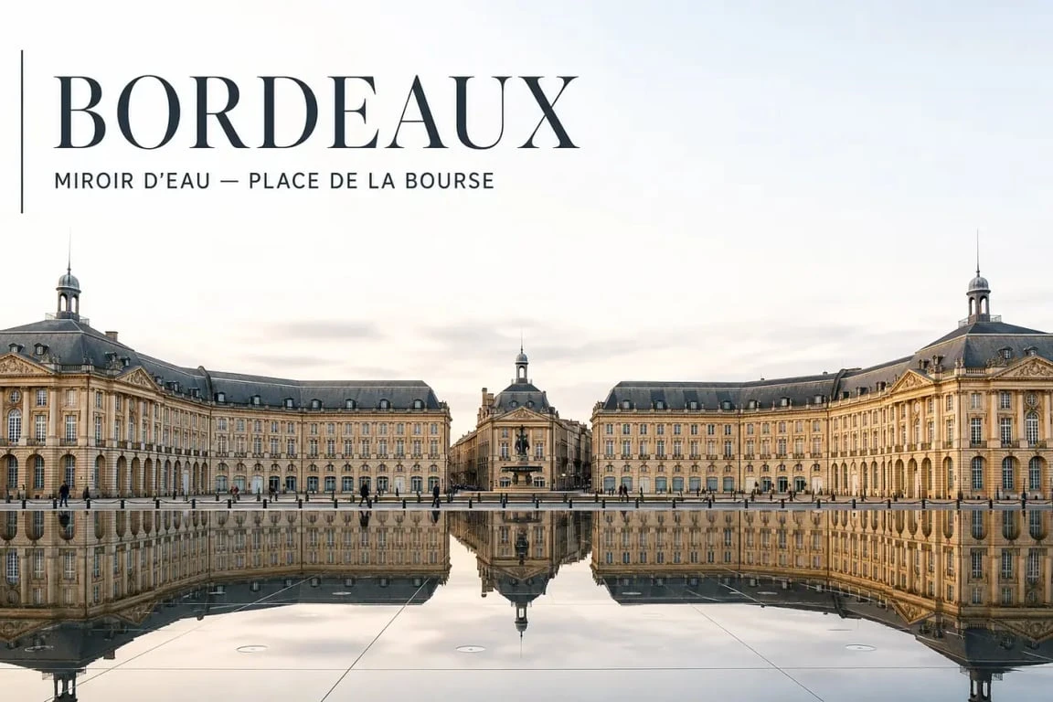 Visiter le miroir d'eau Bordeaux face à la place de la Bourse, avec reflets des façades dans l’eau