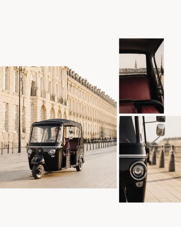 Visiter Bordeaux en tuk tuk sur les quais de Bordeaux avec les façades en pierre blonde en arrière-plan
