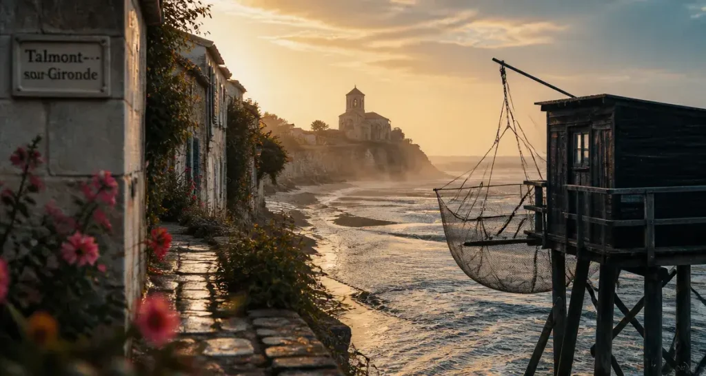 Les plus beaux villages de l'estuaire de la Gironde : carrelet et village de Talmont-sur-Gironde, eau brumeuse et église romane