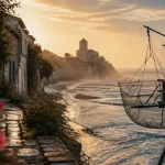 Les plus beaux villages de l'estuaire de la Gironde : carrelet et village de Talmont-sur-Gironde, eau brumeuse et église romane