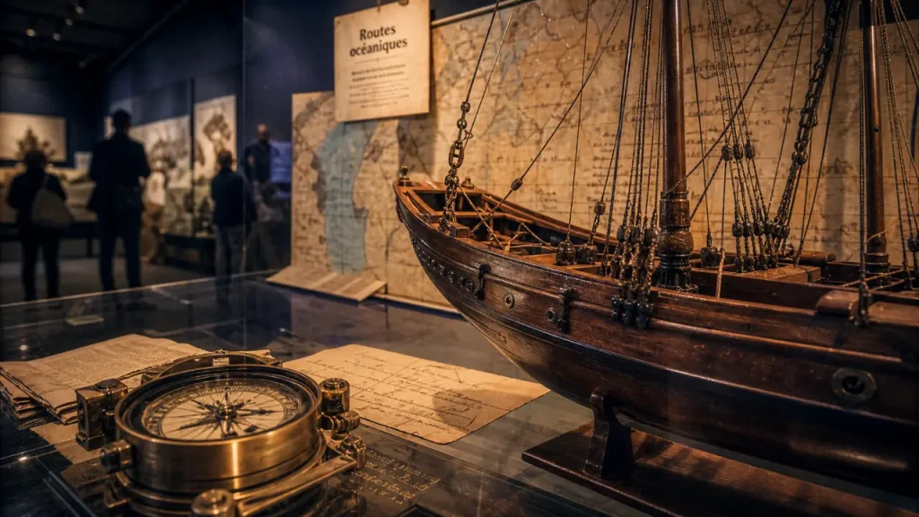 Musée de l'histoire maritime de bordeaux : maquette navire et cartes marines anciennes