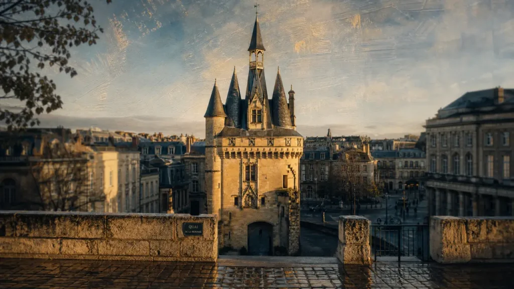 Porte de cailhau bordeaux au-dessus des quais, vue depuis la Garonne