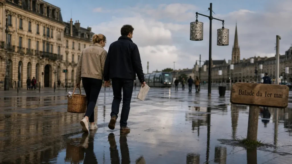 Que faire à Bordeaux le 1er mai : couple près du miroir d’eau, balade sur les quais
