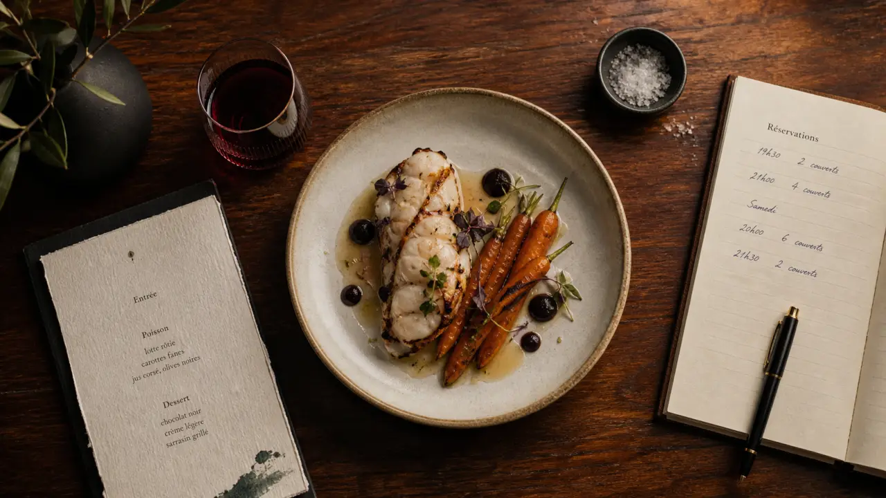 Racines bordeaux restaurant : lotte, carottes glacées et vin rouge