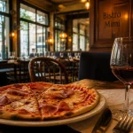 Restaurant bistro Mimi Bordeaux : verrière lumineuse, table et pizza