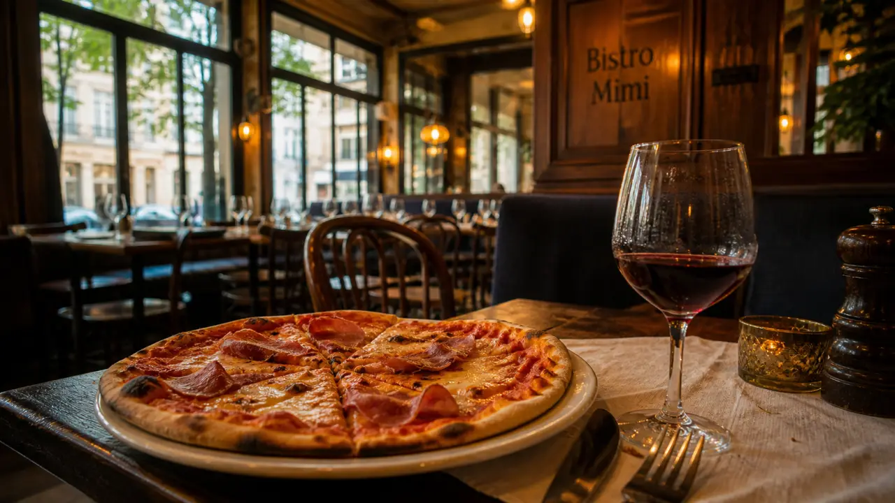 Restaurant bistro Mimi Bordeaux : verrière lumineuse, table et pizza