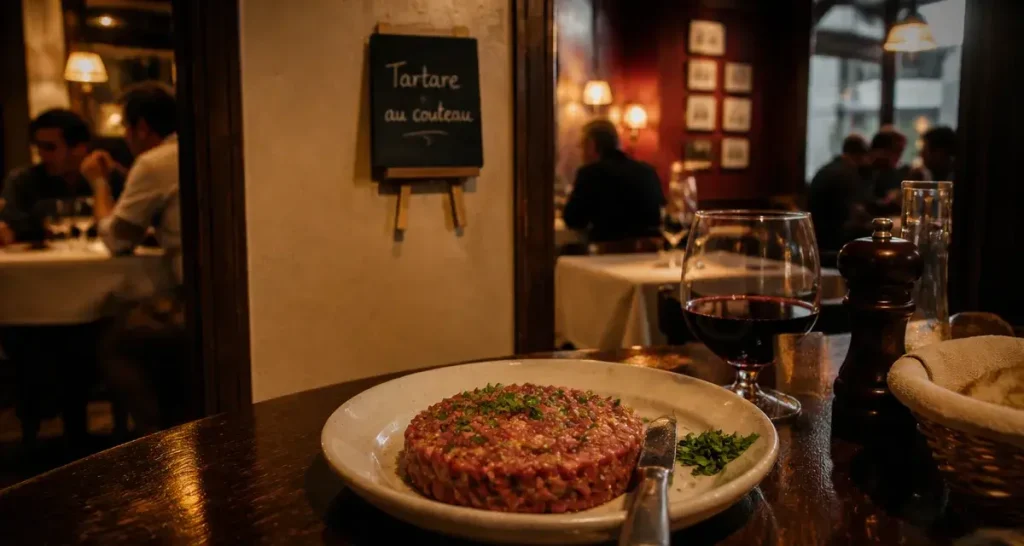 Restaurant chien de pavlov bordeaux, tartare au couteau en salle événement