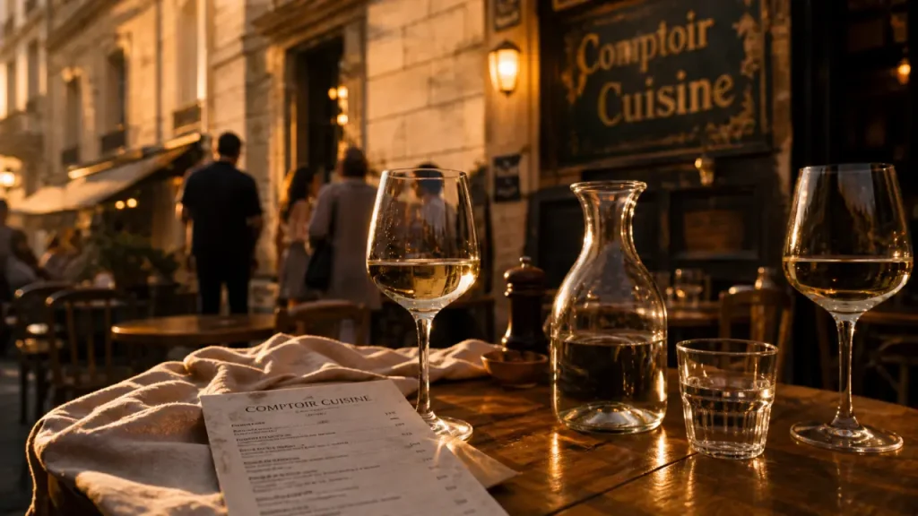Restaurant comptoir cuisine bordeaux sur terrasse, golden hour