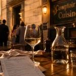 Restaurant comptoir cuisine bordeaux sur terrasse, golden hour