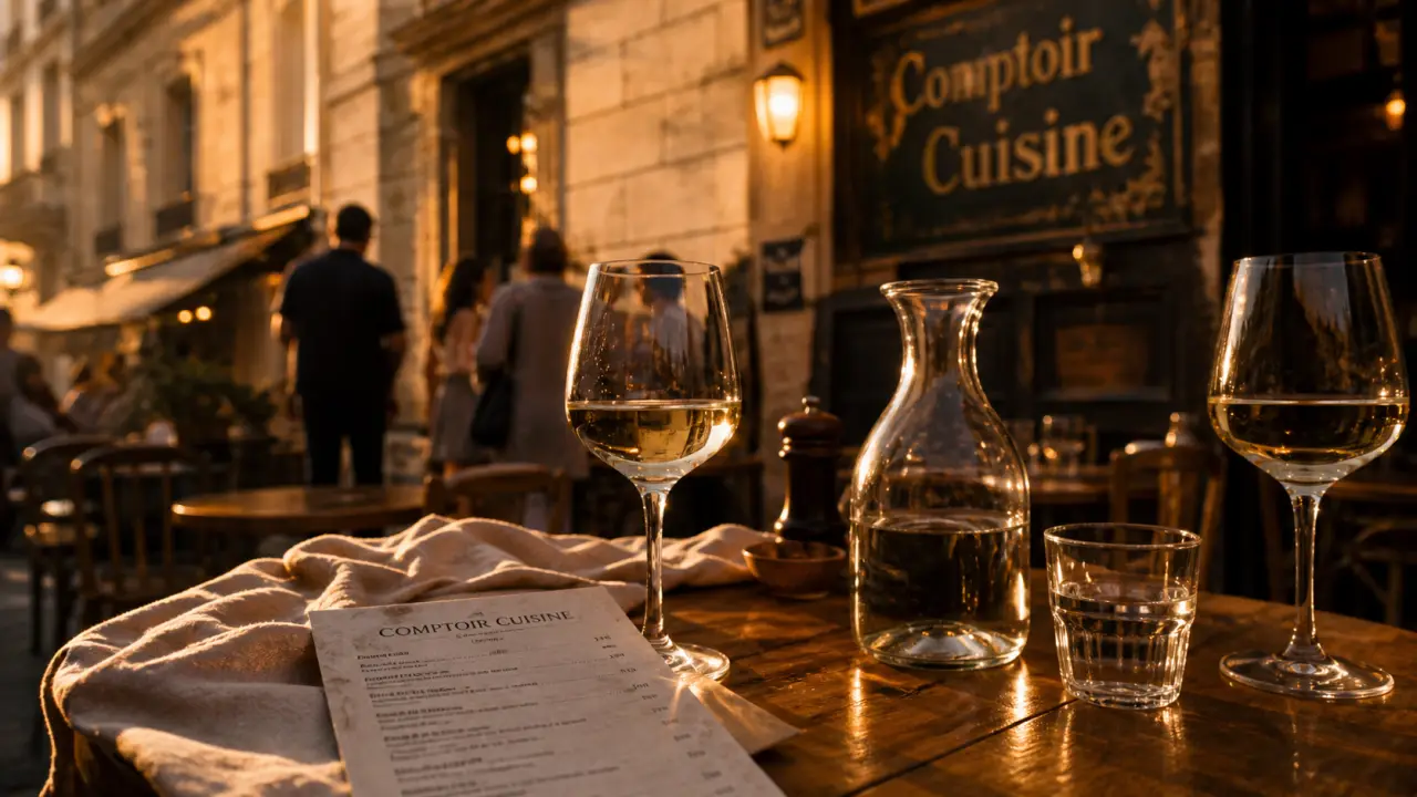 Restaurant comptoir cuisine bordeaux sur terrasse, golden hour