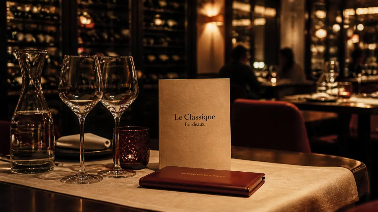 Restaurant le classique bordeaux : table, verres à vin et cave vitrée