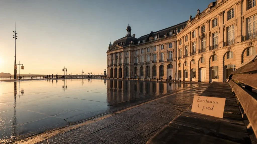 Visiter Bordeaux : quai, place de la Bourse et miroir d’eau au matin