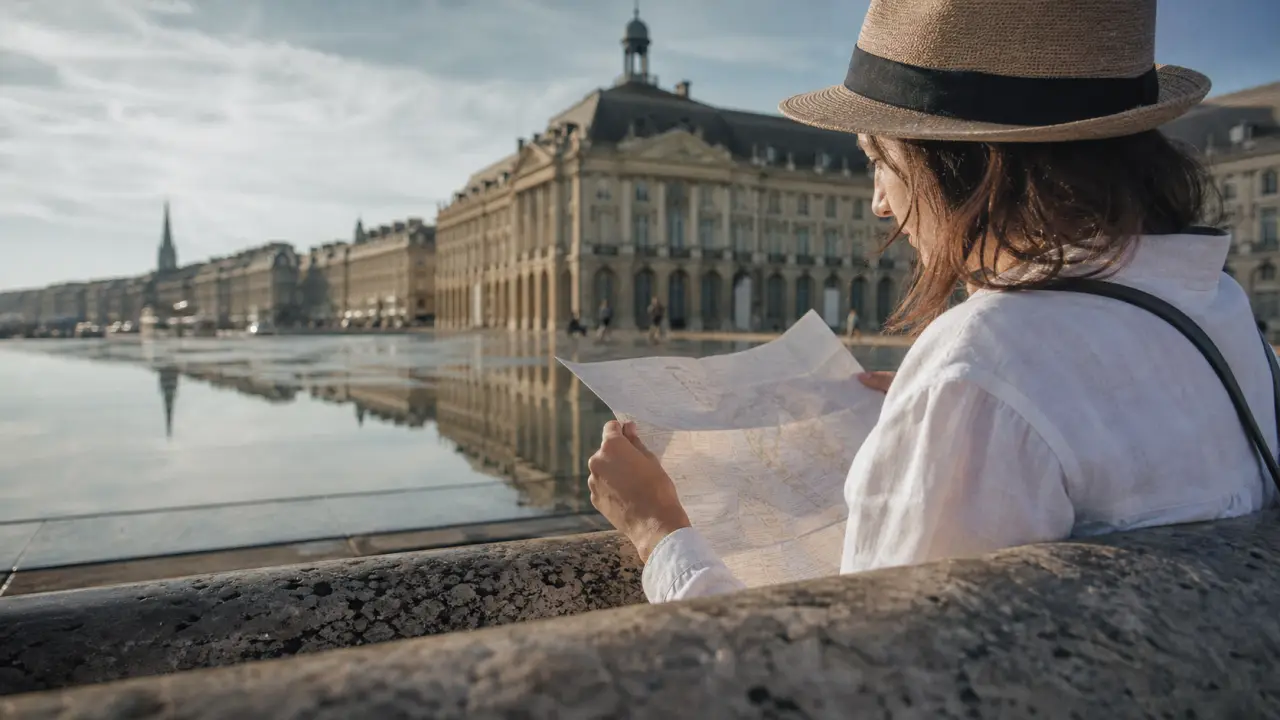 Visiter Bordeaux aux vacances d'été : Place de la Bourse, ombre et miroir d’eau