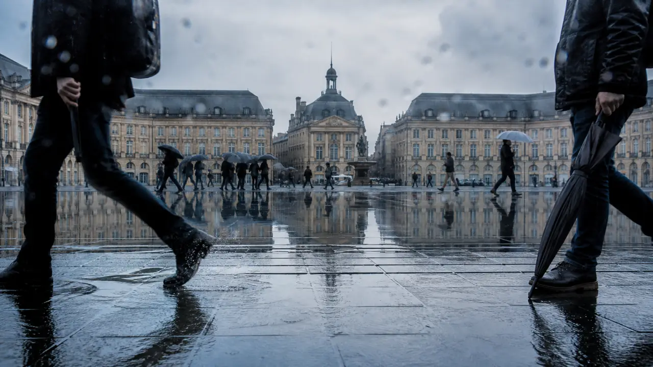 Visiter bordeaux sous la pluie, place de la Bourse : parapluies et pavés mouillés