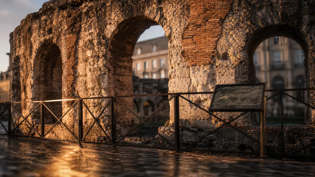 Visiter le palais gallien à Bordeaux : arcades romaines au coucher doré