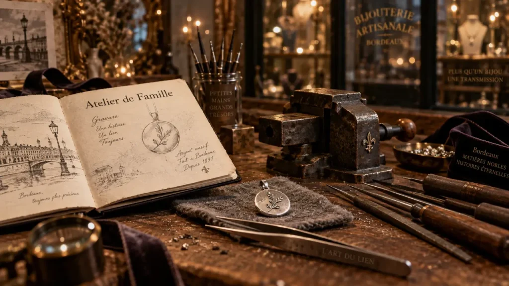 Atelier de famille bordeaux : table de bijouterie et pendentif en argent