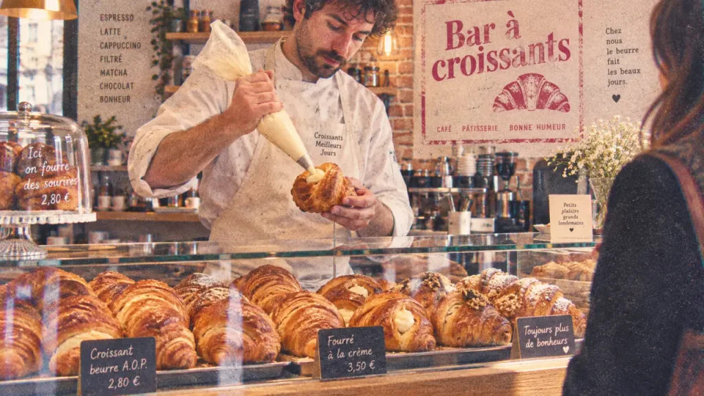 bar a croissant bordeaux, fourrage minute en vitrine