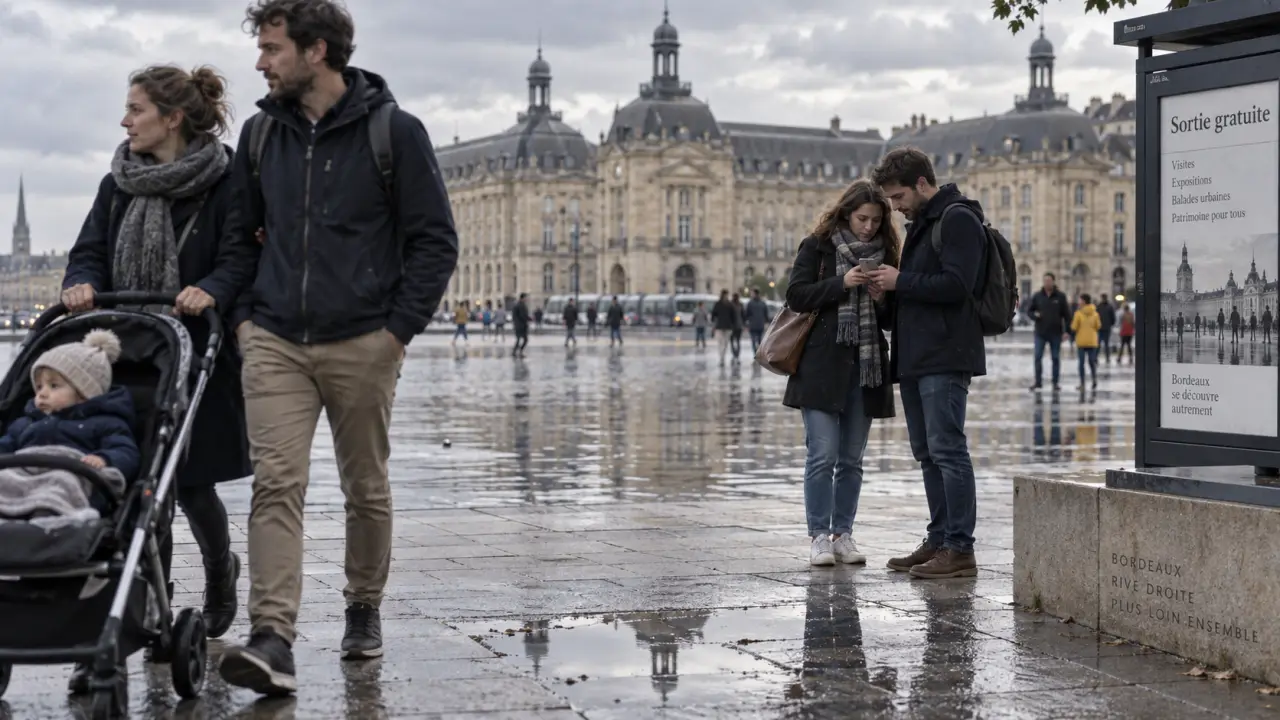 Bordeaux aujourd’hui que faire : famille marche près du Miroir d’eau, Place de la Bourse