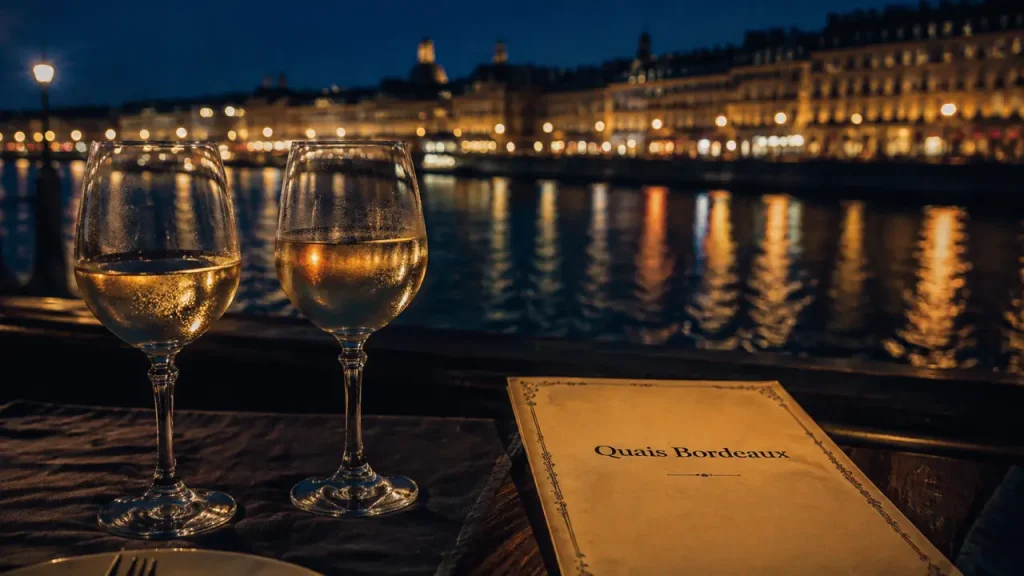 Bordeaux le soir, quais de la Garonne, verres à vin sur une table