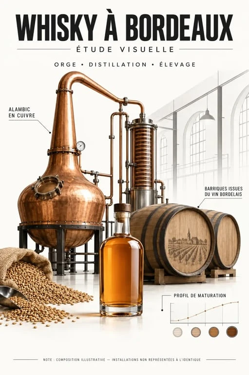 Fabrication du whisky Bordeaux avec alambic, orge et barriques de vin