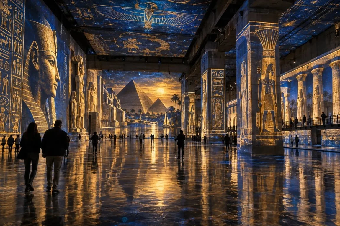 Bassin des Lumières Égypte : projection immersive des pyramides et des hiéroglyphes à Bordeaux