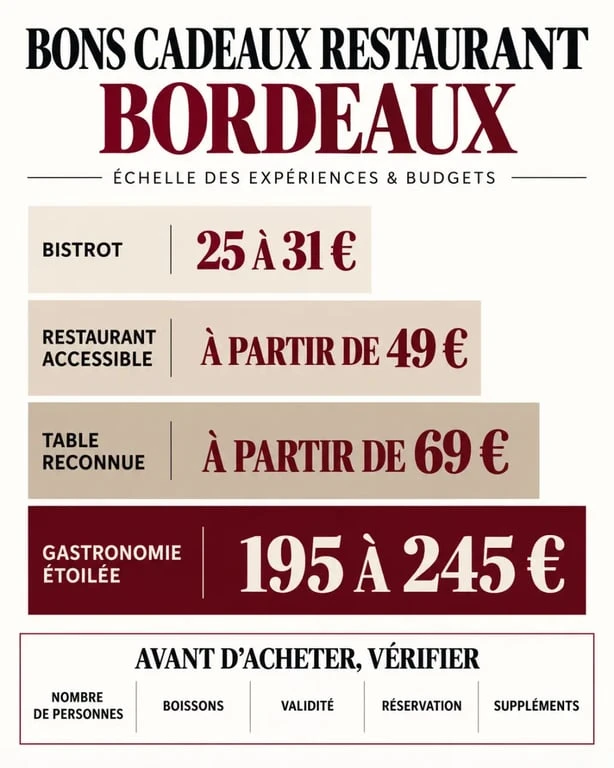 Infographie des prix d’un bon cadeau restaurant à Bordeaux selon le niveau d’expérience