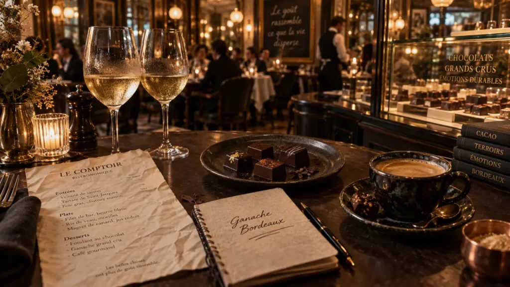 Ganache restaurant bordeaux : table et chocolat noir