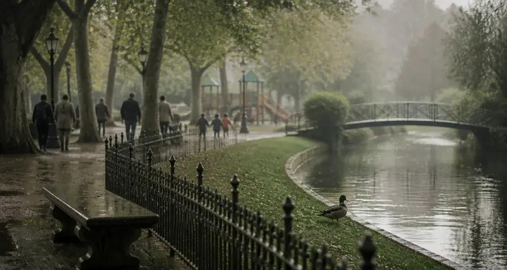 jardin public bordeaux avec banc, canard et plan d’eau