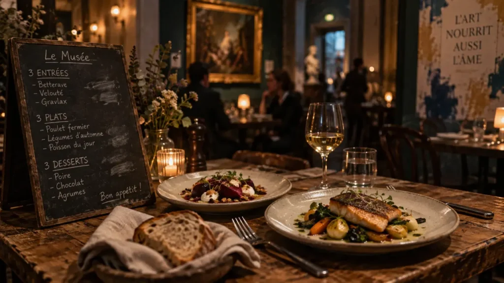 La cantine du musee à Bayonne : ardoise de saison et table en bois