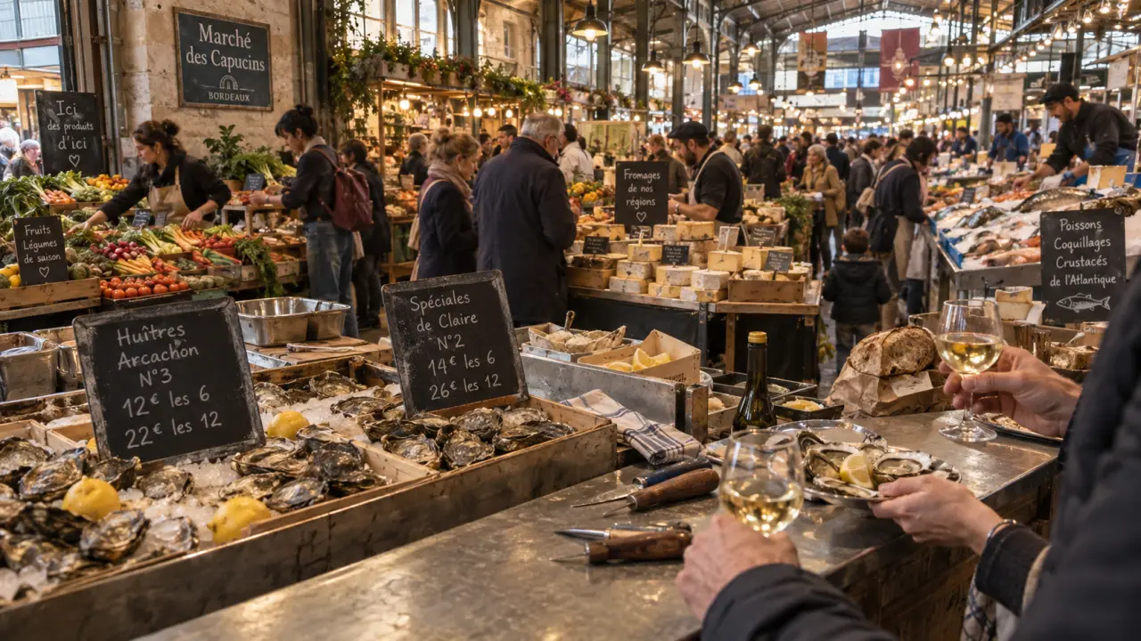 Marché des capucins à Bordeaux : comptoir d’huîtres et vin blanc