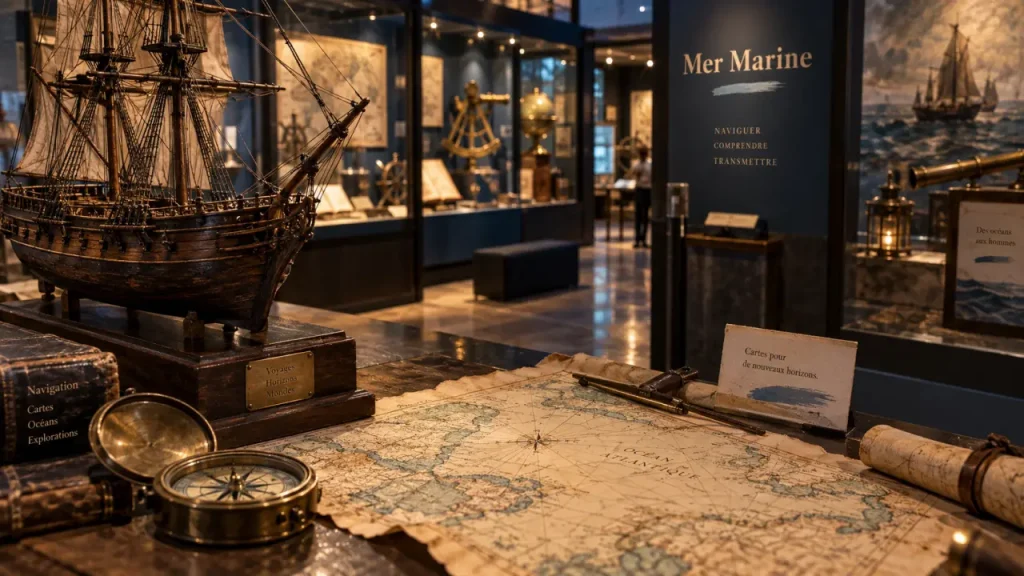 Musée mer marine à Bordeaux : maquette de navire et boussole