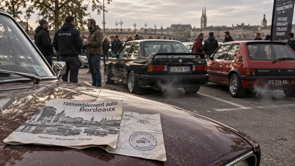 Rassemblement voiture ce week end bordeaux : affiche sur voiture, jeunes groupes et youngtimers