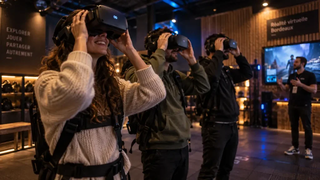 Réserver réalité virtuelle Bordeaux : trois amis en salle VR