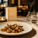 Restaurant arcada bordeaux : assiette minimaliste et légumes rôtis en salle bistrot