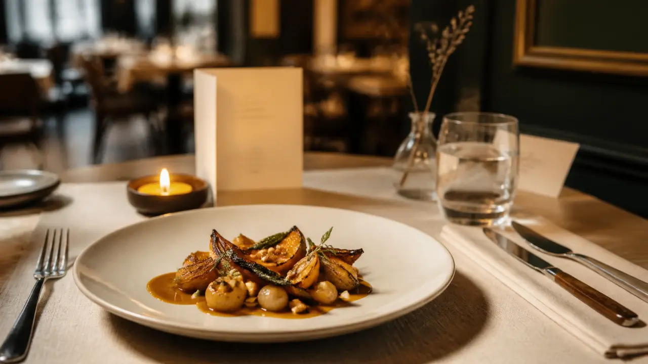 Restaurant arcada bordeaux : assiette minimaliste et légumes rôtis en salle bistrot