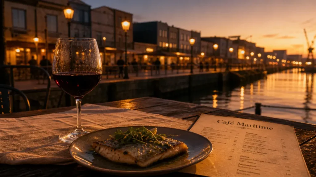 Restaurant café maritime Bordeaux aux Bassins à flot, table en terrasse au golden hour