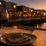 Restaurant café maritime Bordeaux aux Bassins à flot, table en terrasse au golden hour