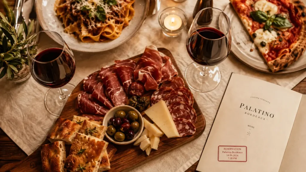 restaurant palatino bordeaux, antipasti et vin rouge