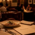 Restaurant ressources bordeaux : table gastronomique feutrée, verre à vin et nappe en lin