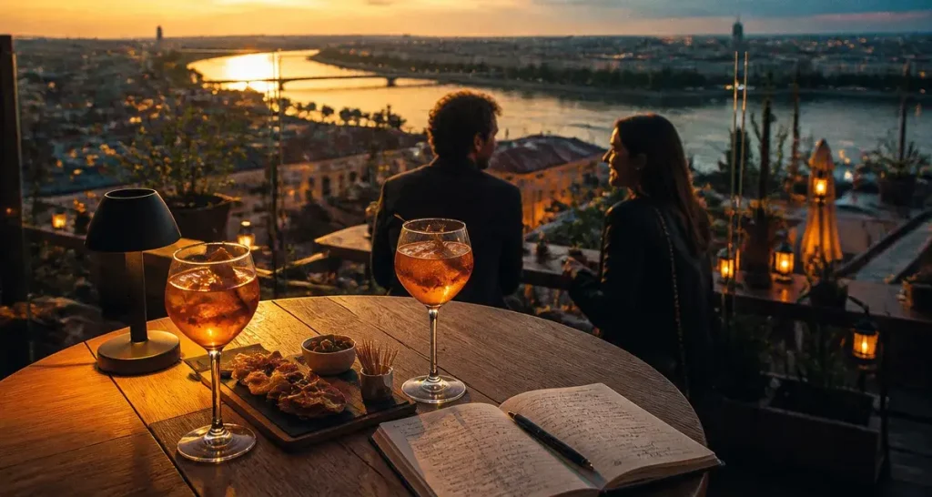 Rooftop bordeaux au coucher du soleil, vue sur la Garonne depuis la terrasse
