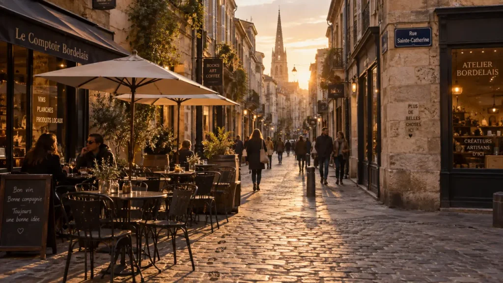 Rue piétonne Bordeaux, ruelle pavée sans voitures