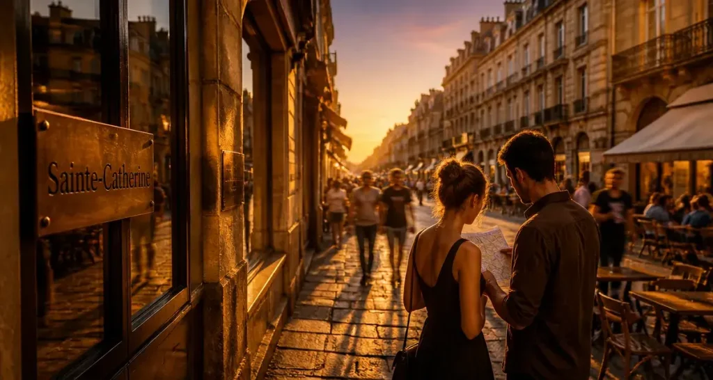 Rue Sainte-Catherine Bordeaux, vitrines et balades dorées au golden hour