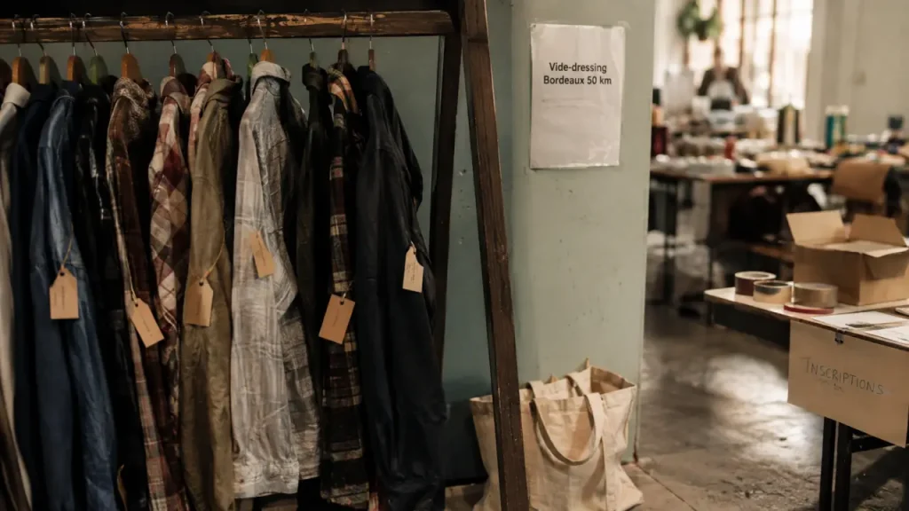 Vide dressing bordeaux ce week end : portant vêtements et affiche