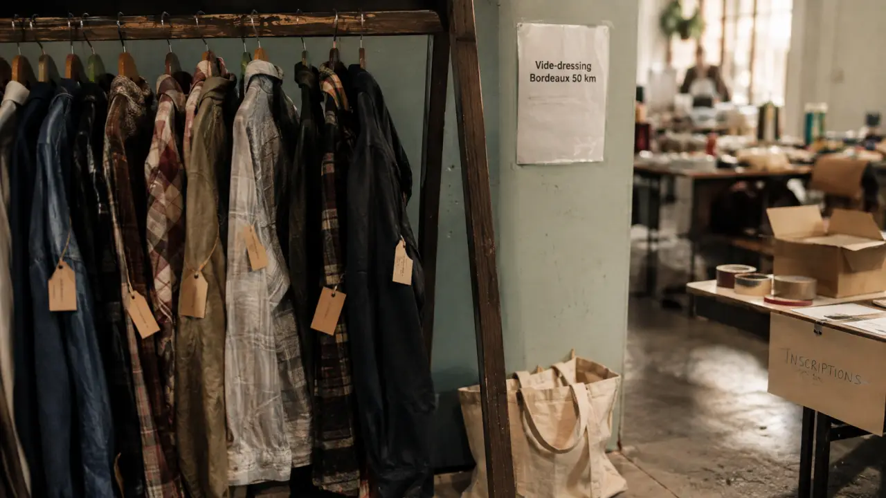 Vide dressing bordeaux ce week end : portant vêtements et affiche