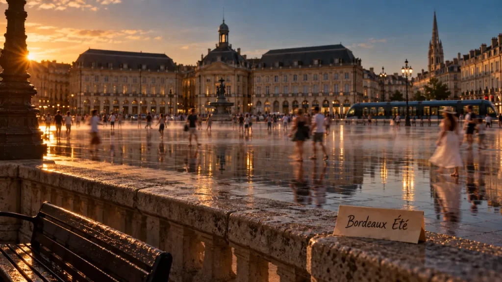 Visiter Bordeaux aux vacances d’été : place de la Bourse et miroir d’eau au coucher de soleil