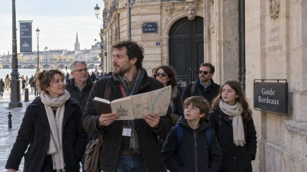 Visiter Bordeaux avec un guide, guide local avec carte et groupe en centre-ville