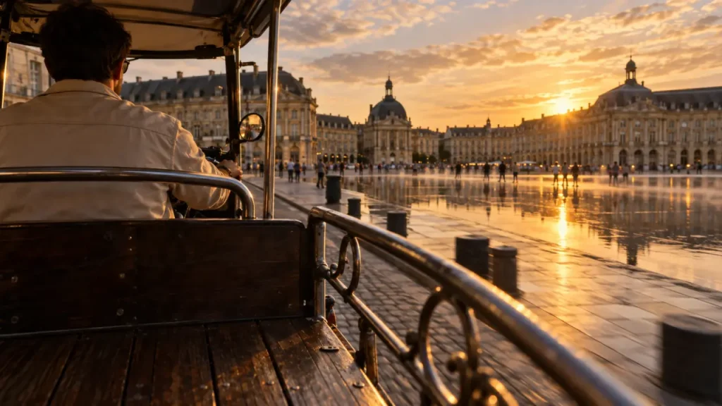 Visiter bordeaux en tuk tuk : vue golden hour sur la Place de la Bourse